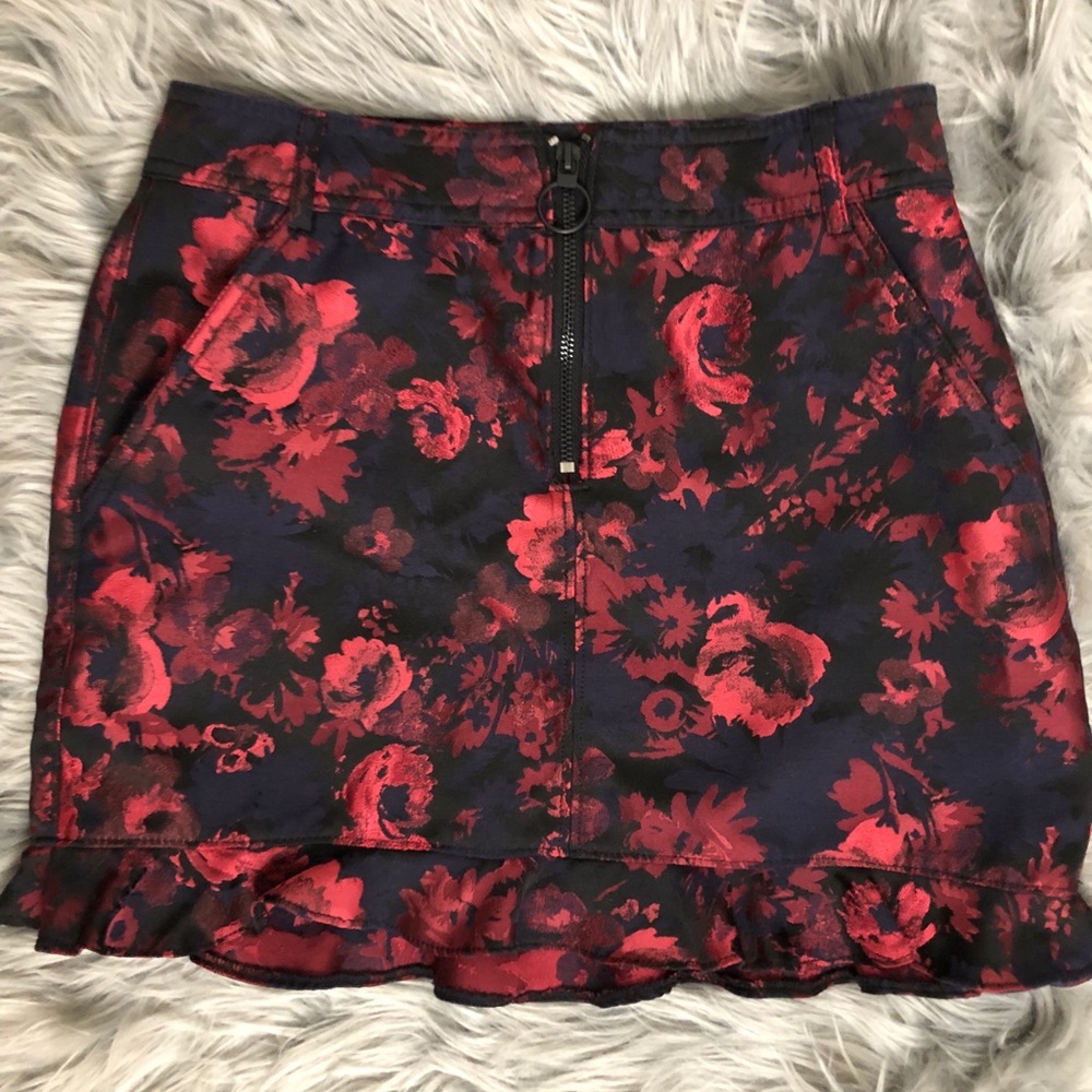 Floral Pattern Denim Miniskirt with Ruffle Hem